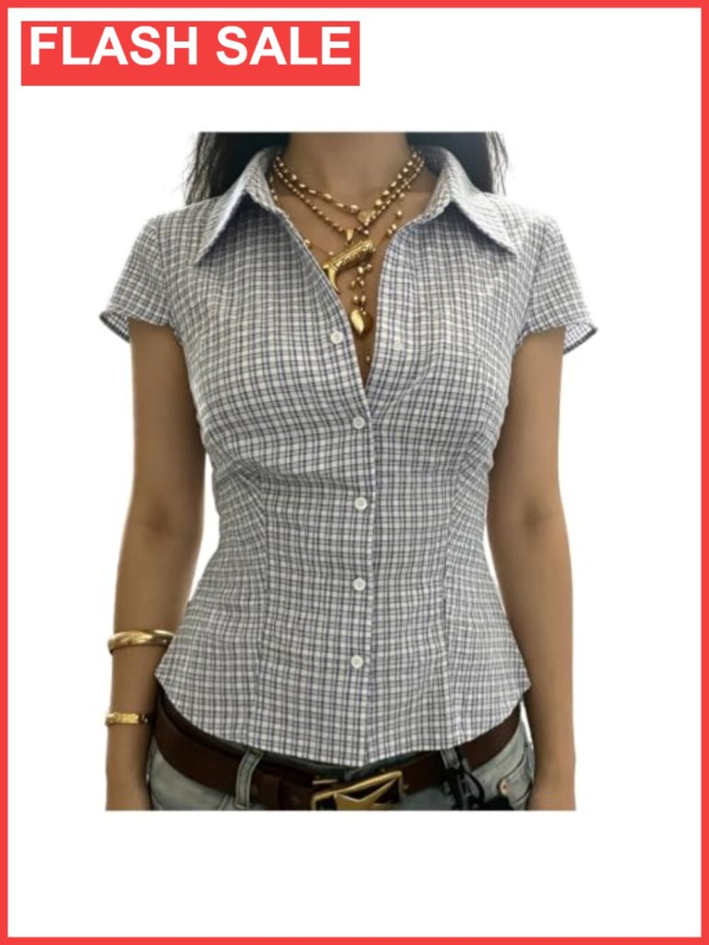 Slim Fit Plaid Button Down Short Sleeve V-Neck Collared Blouse Summer Top